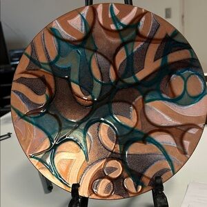 Enamel on brass by Jules Perrier Abstract Ceramic Art Plate with  Swirls